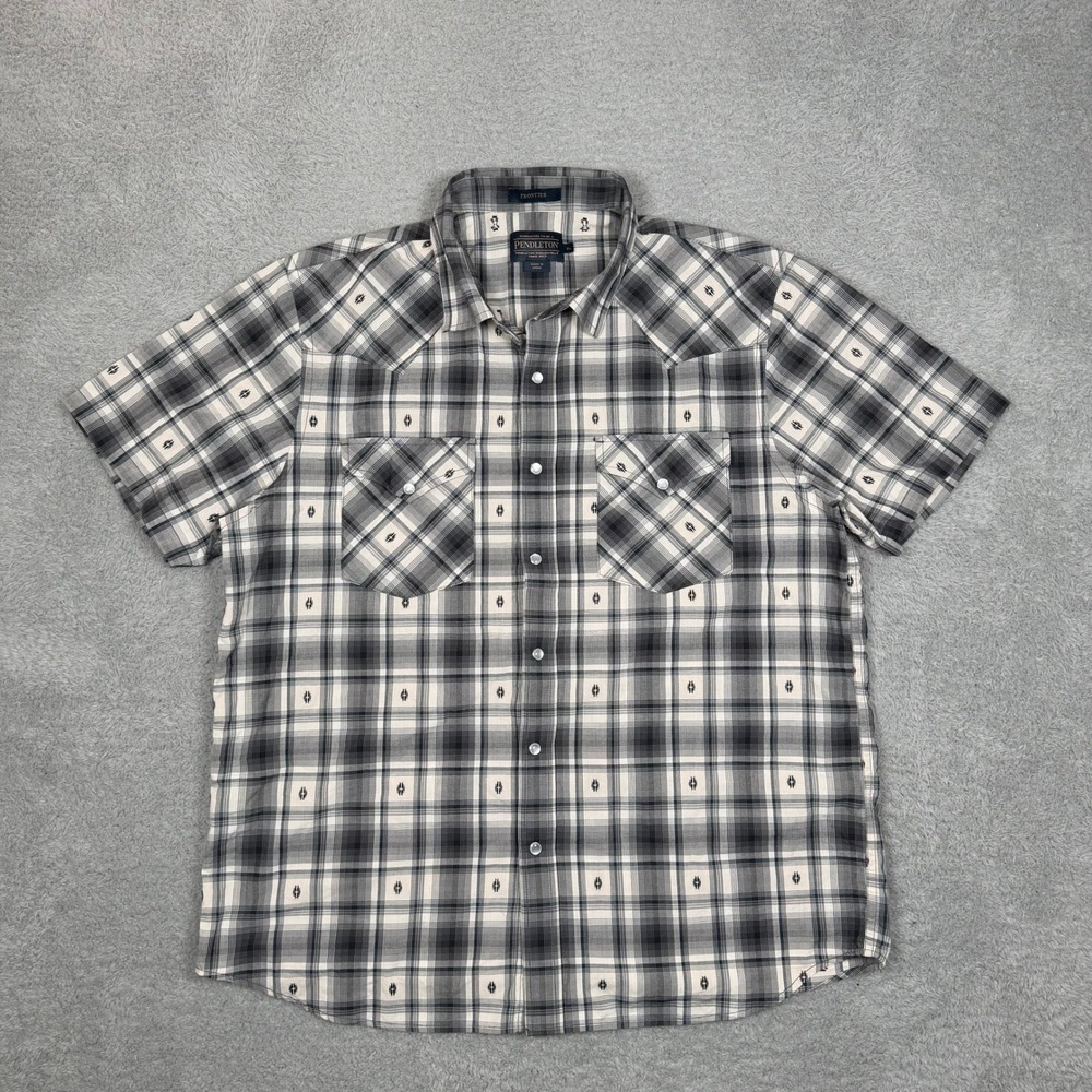 Pendleton Frontier Mens XL Grey Plaid Embroidered Western Snap Front Retro Shirt